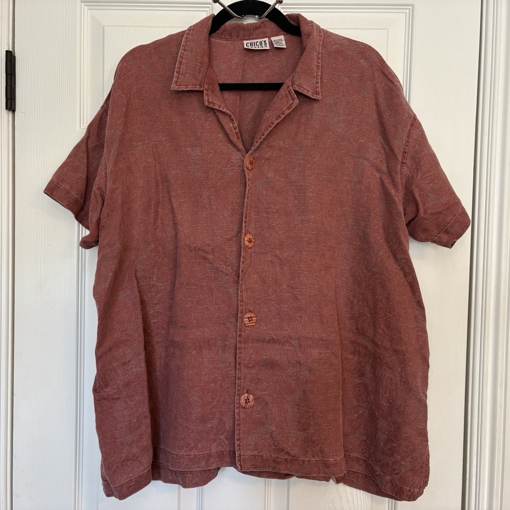 Chico's Design Linen Blend Blouse Sz 1 US Medium Floral Button Up Short Sleeve